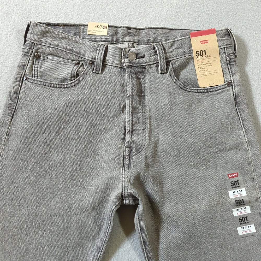 Levis 501 Original Stretch Mens Grey Straight Leg Button Fly Jeans 32x34 NWT - Picture 3 of 11